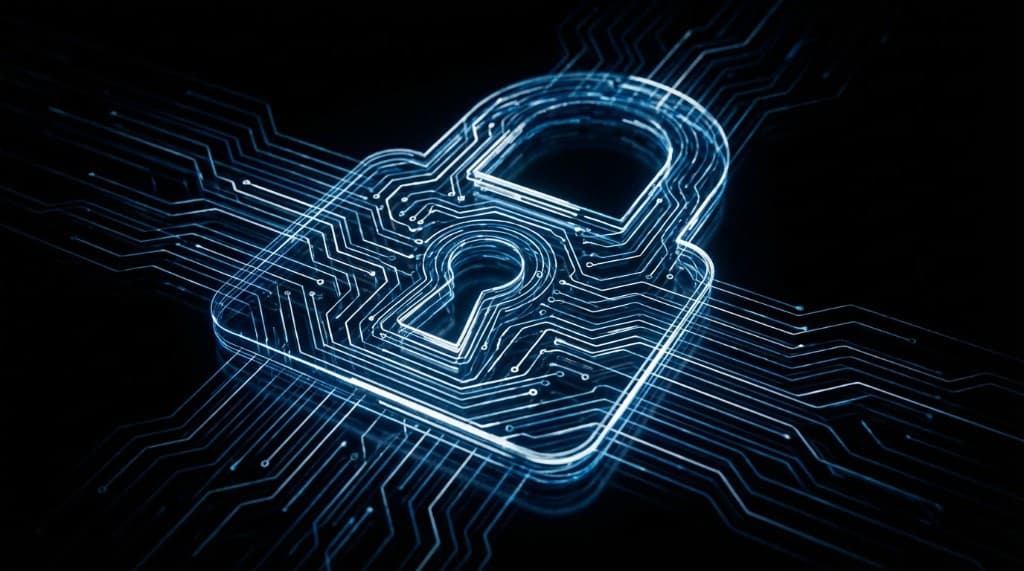 Glowing digital lock icon over circuit lines, representing AI content ownership and copyright protection.