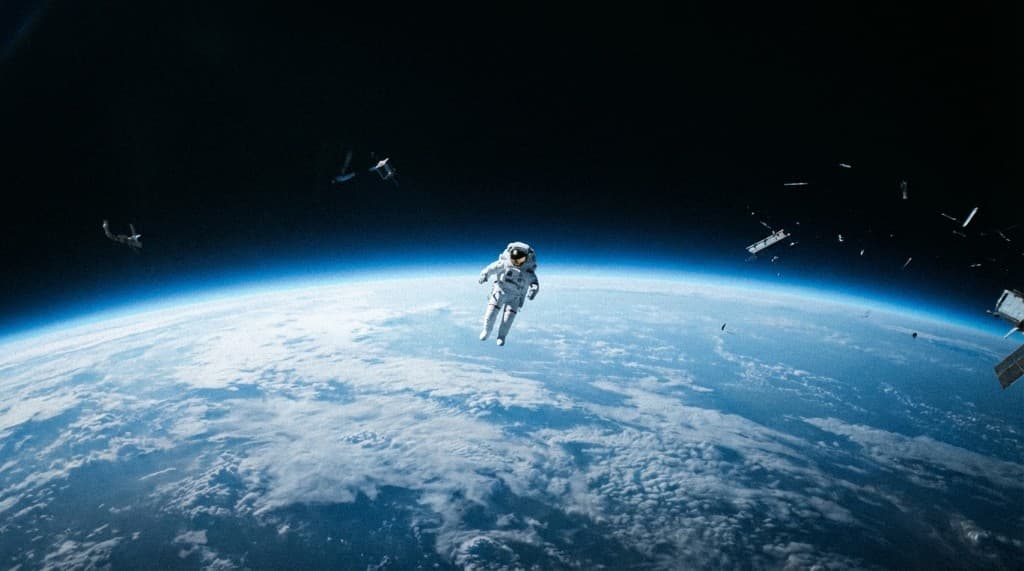 Cinematic shot of an astronaut floating in space above the Earth with scattered space debris.