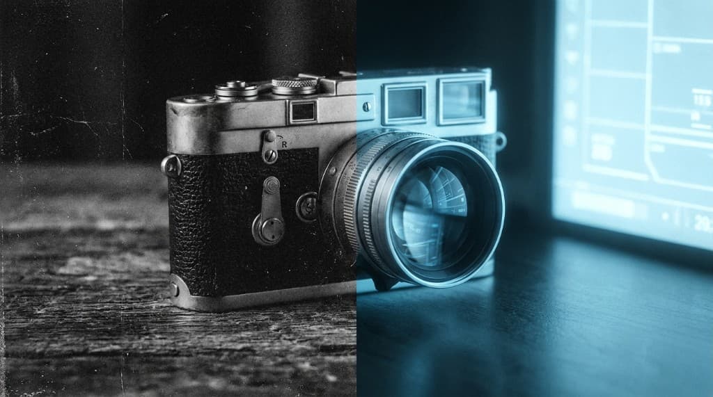 Half-analog half-digital camera visualizing the transition to AI filmmaking.