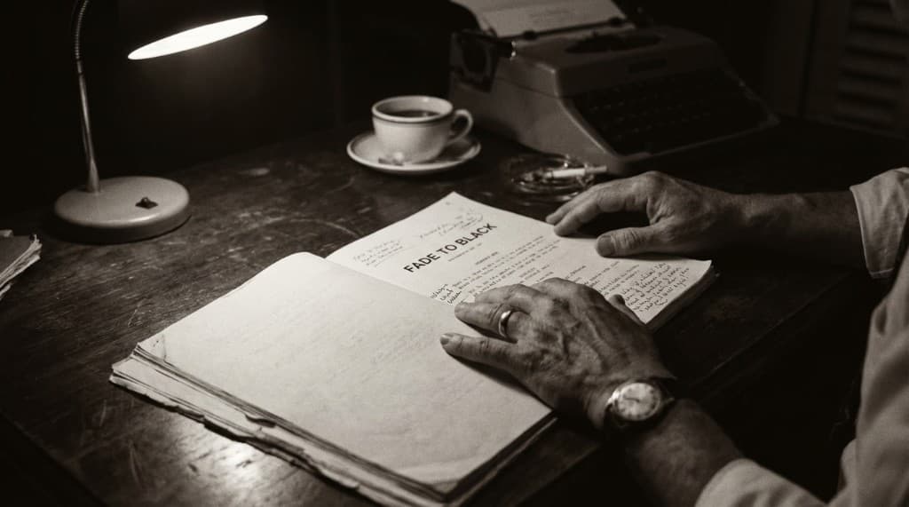 A writer reviewing a screenplay at a desk with a lamp and typewriter.