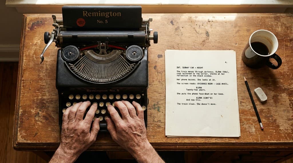 Hands typing on a vintage typewriter beside a screenplay page and coffee cup.