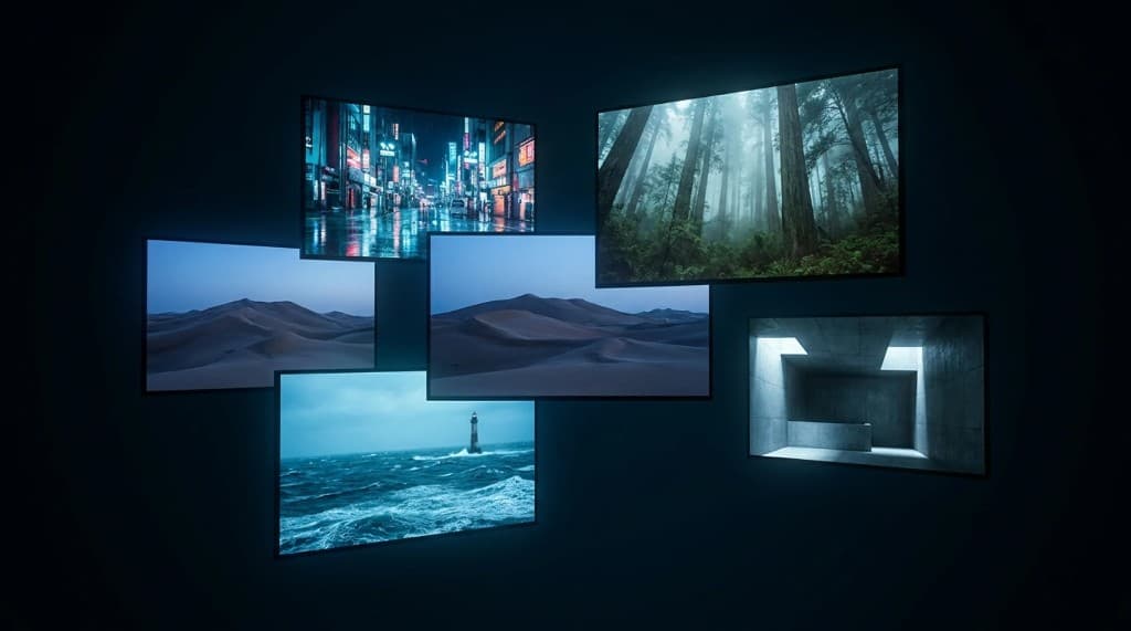 Collage of cinematic AI-generated scenes — neon city, misty forest, sand dunes, stormy ocean, and concrete architecture.
